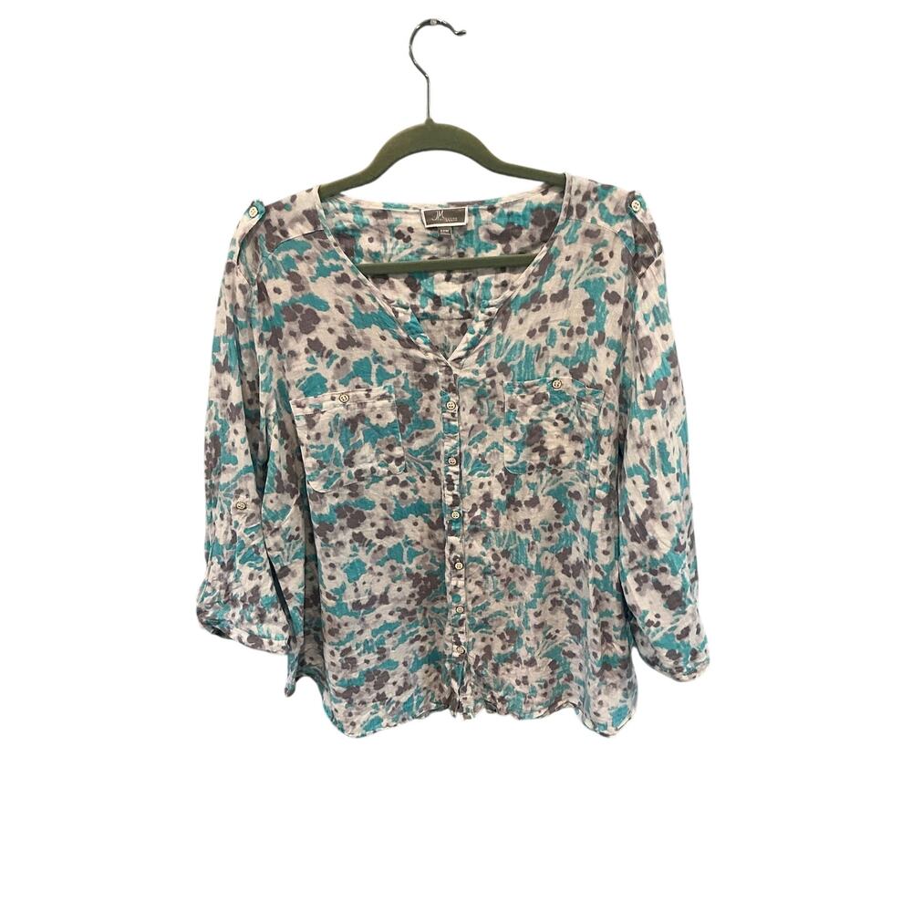 Womens Plus Size Linen Shirt 22W 22 Watercolor Floral Blue Beachy Coastal Resort